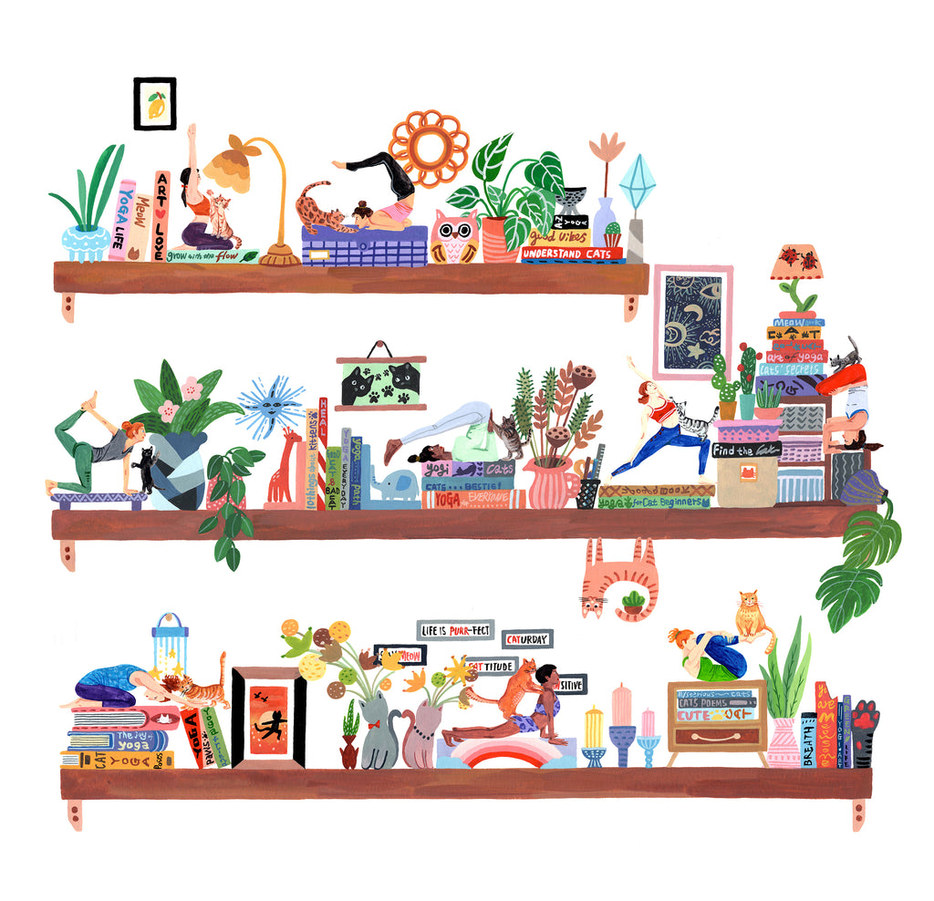 Yoga with Cat on Bookshelf